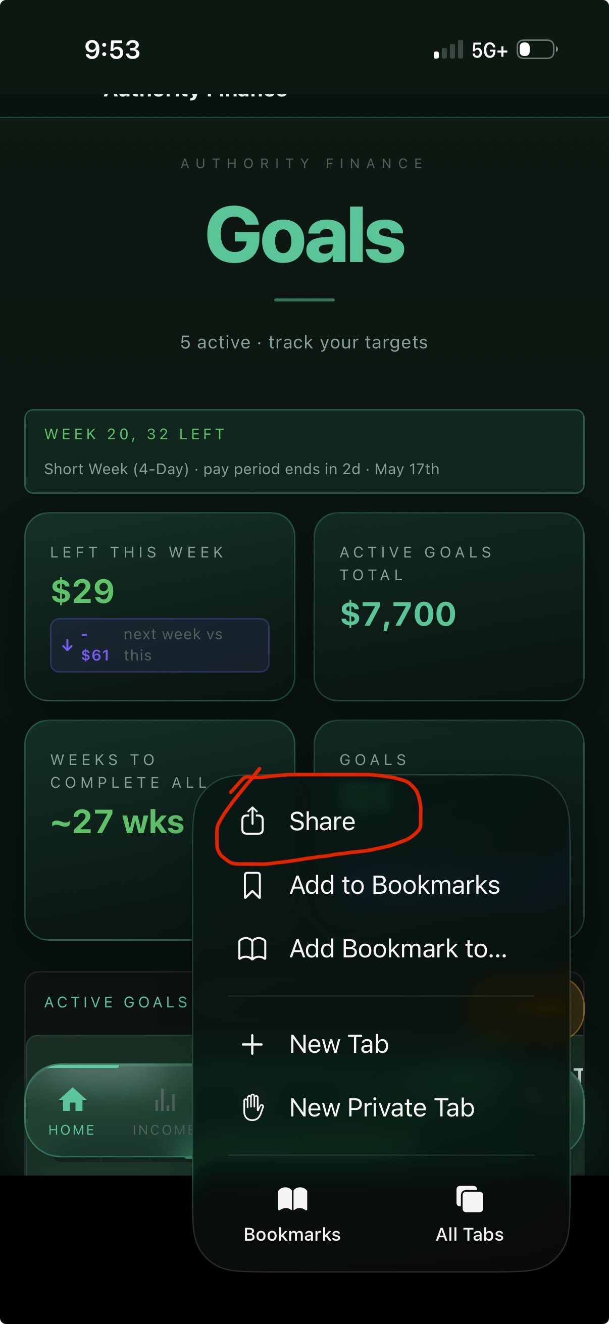 Safari menu with the Share option highlighted