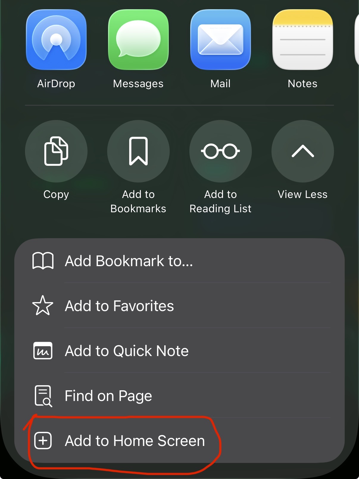 Expanded share sheet with the Add to Home Screen option highlighted