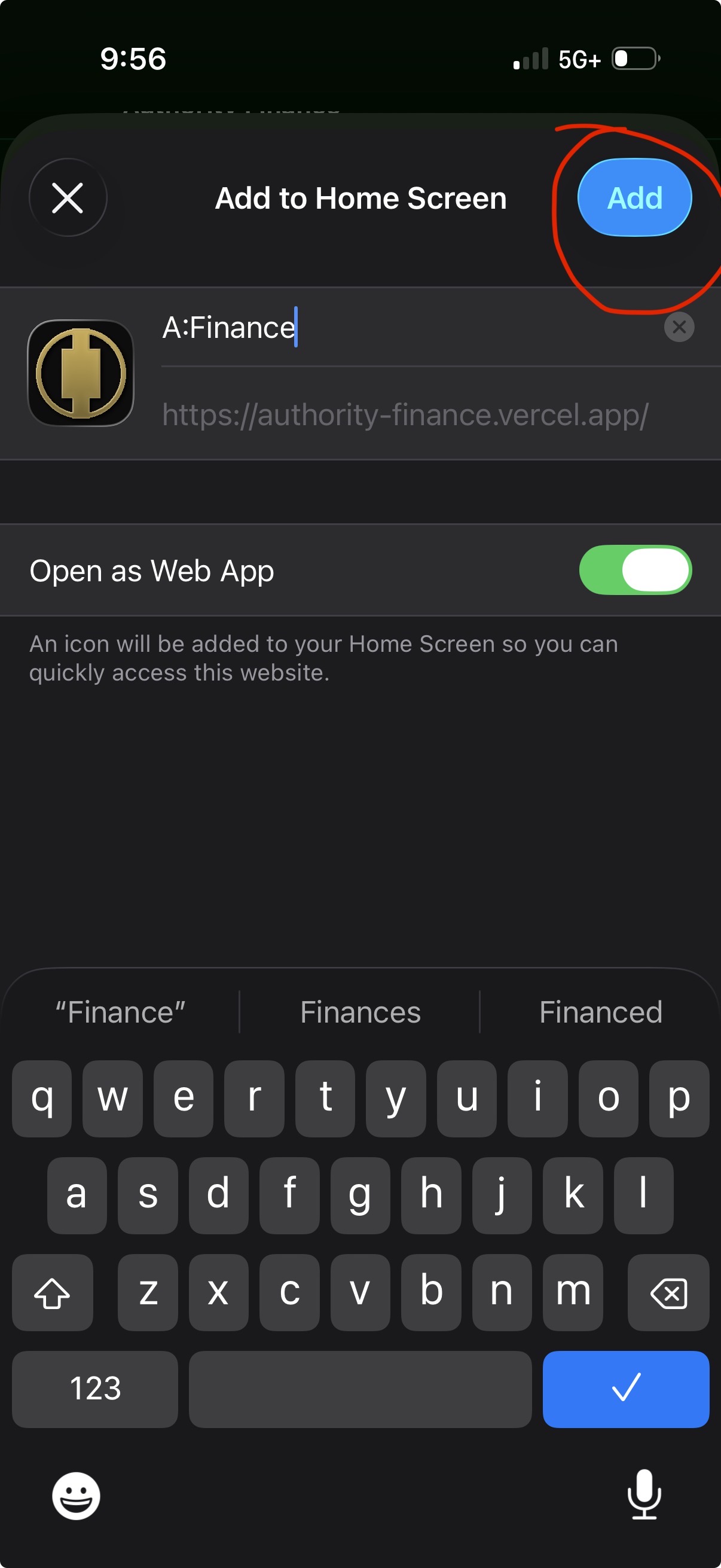 Add to Home Screen confirmation with the Add button highlighted